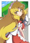  1girl apron blonde_hair closed_mouth commission cup dress eyebrows_visible_through_hair holding holding_tray long_hair maid miz_(mizillustration) outdoors outside_border red_dress short_sleeves skeb_commission smile solo teacup teapot touhou touhou_(pc-98) tray waist_apron white_apron white_headdress yellow_eyes yumeko_(touhou) 