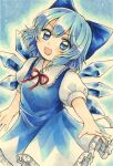  blue_bow blue_dress blue_eyes blue_hair bow breasts cirno collared_shirt commentary_request dress eyebrows_visible_through_hair frilled_dress frilled_shirt_collar frills hair_bow highres ice ice_wings looking_at_viewer maa_(forsythia1729) marker_(medium) multicolored_hair open_mouth pinafore_dress puffy_short_sleeves puffy_sleeves red_ribbon ribbon shirt short_hair short_sleeves small_breasts touhou traditional_media v-shaped_eyebrows white_shirt wings 