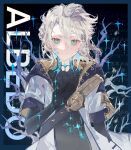  1boy albedo_(genshin_impact) aqua_eyes aqua_skin bangs black_skin blue_hair character_name closed_mouth coat colored_skin genshin_impact gradient_skin grey_hair hair_between_eyes hand_on_own_chest highres looking_at_viewer male_focus multicolored_hair open_clothes open_coat persimmon_(lsxh3) scar scar_on_neck solo sparkle upper_body white_coat 