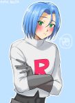  1boy blue_background blue_hair blush crossed_arms green_eyes highres james_(pokemon) looking_at_viewer pokemon pokemon_(anime) rocket shy team urase_akira 