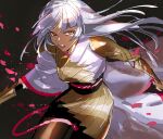  1girl armor bangs black_background blood blood_splatter floating_hair grey_hair grey_kimono highres holding holding_sword holding_weapon japanese_clothes kimono long_hair magic:_the_gathering open_hand parted_lips sketch solo sword the_wanderer_(mtg) the_wandering_emperor thundergotch v-shaped_eyebrows weapon 