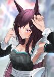  1girl absurdres alternate_costume animal_ears arm_up armpits black_hair blurry blurry_background blush closed_mouth collarbone commentary_request detached_sleeves hair_ornament hairclip highres horse_ears horse_girl kuro_imu looking_at_viewer maid mejiro_dober_(umamusume) solo umamusume violet_eyes 