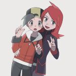  2boys backwards_hat black_shirt commentary_request cowlick ethan_(pokemon) flipped_hair grey_eyes hand_on_another&#039;s_hip hands_up hat jacket long_hair long_sleeves looking_at_viewer lower_teeth male_focus multiple_boys open_mouth pants pokemon pokemon_(game) pokemon_hgss red_jacket redhead sana_(37pisana) shirt short_hair silver_(pokemon) teeth tongue turtleneck turtleneck_jacket white_background 