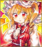  1girl alternate_costume blonde_hair bow candy commentary eyebrows_visible_through_hair flandre_scarlet food hat hat_bow highres lollipop maa_(forsythia1729) marker_(medium) mob_cap red_bow red_eyes red_skirt red_vest side_ponytail skirt striped striped_skirt striped_vest tongue tongue_out touhou traditional_media vest white_headwear 