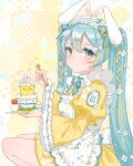  absurdres animal_ears apron blue_eyes blue_skirt braid dress egg food food_on_face fork hair_ornament hair_ribbon hatsune_miku highres holding holding_fork lace_trim looking_at_viewer maid maid_apron maid_headdress rabbit_ears re_eva ribbon skirt squatting twin_braids twintails vocaloid yellow_dress 