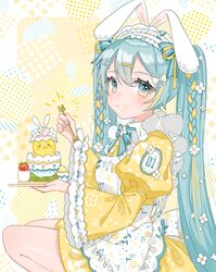  absurdres animal_ears apron blue_eyes blue_skirt braid dress egg food food_on_face fork hair_ornament hair_ribbon hatsune_miku highres holding holding_fork lace_trim looking_at_viewer maid maid_apron maid_headdress rabbit_ears re_eva ribbon skirt squatting twin_braids twintails vocaloid yellow_dress 