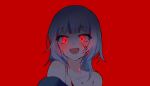  1girl blood blood_on_face dark_persona gawr_gura glowing glowing_eyes grin highres hololive hololive_english king_maguro looking_at_viewer multicolored_hair off_shoulder red_background red_eyes sharp_teeth simple_background smile solo streaked_hair teeth upper_body upper_teeth white_hair 