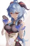  1girl absurdres ahoge arms_up bangs bare_shoulders bell blue_hair bodystocking breasts brown_leotard covered_navel cowbell curled_horns detached_sleeves flower_knot ganyu_(genshin_impact) genshin_impact goat_horns gold_trim grey_background hair_between_eyes highres horns kataku_musou leotard leotard_under_clothes long_hair looking_at_viewer medium_breasts neck_bell parted_lips solo upper_body violet_eyes white_sleeves 