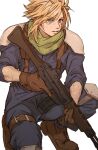  1boy armor asymmetrical_hair blonde_hair blue_eyes blue_pants blue_shirt boots cloud_strife final_fantasy final_fantasy_vii final_fantasy_vii_remake gloves gun highres holding holding_gun holding_weapon inuue15 kneeling pants shirt shoulder_armor sleeves_rolled_up solo spiky_hair suspenders thigh_strap upper_body weapon white_background younger 