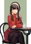 1girl bare_shoulders black_hair border brown_eyes chair closed_mouth commentary dress green_background hand_on_own_cheek hand_on_own_face headband hinoru_saikusa pantyhose plate red_dress sidelocks sitting sleeves_past_wrists smile spy_x_family table white_border yor_briar 