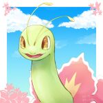  :3 animal_focus antennae artist_name blue_sky border clouds commentary day happy highres ka_ei_volltis looking_at_viewer meganium no_humans open_mouth outdoors outside_border pokemon pokemon_(creature) signature sky smile solo twitter_username upper_body white_border yellow_eyes 