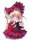  1girl absurdres bangs black_bow blonde_hair blue_eyes blunt_bangs bow commentary dress drill_hair eyebrows_visible_through_hair eyeliner frilled_dress frilled_hat frills hat highres long_hair looking_at_viewer makeup no_pupils parted_lips portrait red_dress red_headwear rozen_maiden shinku sidelocks simple_background solo spider_apple twintails white_background 