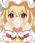  1girl absurdres ascot bangs blonde_hair closed_mouth eyebrows_visible_through_hair flandre_scarlet highres looking_at_viewer momo_(momo_o0524) portrait red_eyes simple_background smile solo touhou white_background white_headwear wrist_cuffs yellow_ascot 