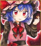  1girl bat_wings black_sash black_shirt black_wings bow commentary_request eyebrows_visible_through_hair hat hat_bow highres long_sleeves maa_(forsythia1729) marker_(medium) mob_cap pink_headwear pink_vest red_bow remilia_scarlet sash shirt striped striped_vest touhou traditional_media vest wings 