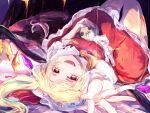  1girl :d ascot blonde_hair commentary crystal cup fangs flandre_scarlet frilled_skirt frills hat hat_ribbon highres holding holding_stuffed_toy long_hair looking_at_viewer lying mob_cap on_back one_side_up open_mouth reaching_out red_eyes red_ribbon red_skirt red_vest ribbon shirt short_sleeves skirt skirt_set smile solo spill stuffed_toy teacup teeth tobari_(seaetana) touhou upper_teeth vest white_headwear white_shirt wings yellow_ascot 