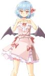  1girl :/ adapted_costume arnest bangs bare_shoulders bat_wings black_wings blue_hair bow bright_pupils choker closed_mouth cropped cross-laced_clothes dot_nose downscaled expressionless eyebrows_visible_through_hair feet_out_of_frame frilled_ribbon frilled_shirt frills hair_ribbon hands_up heart heart_hands highres legs_apart light_blue_hair light_blush looking_at_viewer low_wings no_hat no_headwear off-shoulder_shirt off_shoulder petticoat pink_shirt pink_skirt red_bow red_choker red_eyes red_ribbon red_sash remilia_scarlet resized ribbon sash shiny shiny_hair shiny_skin shirt short_hair simple_background skirt skirt_set solo spaghetti_strap standing straight-on touhou tsurime white_background white_pupils wings 