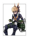  1boy bakugou_katsuki black_bodysuit black_footwear black_mask blonde_hair bodysuit boku_no_hero_academia boots cai_(caiirocai) closed_mouth commentary_request eye_mask feet_out_of_frame frown gloves green_gloves knee_pads looking_at_viewer male_focus red_eyes short_hair simple_background sitting solo spiky_hair white_background 