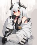  1girl :o absurdres arknights bangs bare_shoulders black_gloves black_tank_top blush breasts commentary_request daifukumochi_(akaaokiiwo) eyebrows_visible_through_hair gloves grey_hair hair_between_eyes hair_ornament highres horns jumpsuit long_hair long_sleeves looking_at_viewer medium_breasts mudrock_(arknights) parted_lips puffy_long_sleeves puffy_sleeves red_eyes sitting sleeves_past_wrists solo sweat tank_top translation_request white_jumpsuit 