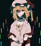 1girl bandaged_arm bandages bandaid black_background black_choker blonde_hair blood blood_on_face blood_on_hands bruise choker closed_mouth collarbone collared_shirt commentary crystal flandre_scarlet hat hat_ribbon highres holding_own_arm injury kaburaya_(kabura_8) light_frown looking_at_viewer medium_hair mob_cap necktie one_side_up open_clothes open_vest red_eyes red_ribbon red_vest ribbon shirt simple_background solo touhou upper_body vest white_headwear white_shirt wings yellow_necktie 