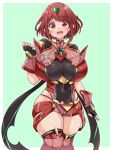  1girl absurdres bangs black_gloves breasts chest_jewel duplicate earrings fingerless_gloves gem gloves headpiece highres huge_breasts jewelry kurokaze_no_sora pixel-perfect_duplicate pyra_(xenoblade) red_eyes red_legwear red_shorts redhead short_hair short_shorts shorts solo swept_bangs thigh-highs tiara xenoblade_chronicles_(series) xenoblade_chronicles_2 