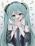  1girl :d absurdres bandaged_arm bandaged_fingers bandaged_hand bandages bandaid bandaid_on_arm bandaid_on_hand bandaid_on_shoulder bangs bare_shoulders blue_eyes blue_hair blush covering_mouth crying crying_with_eyes_open detached_sleeves grey_shirt hair_ornament hatsune_miku highres kayon_(touzoku) long_hair long_sleeves messy_hair musical_note necktie open_mouth paint rainbow_gradient shirt sleeveless sleeveless_shirt smile solo tearing_up tears twintails very_long_hair vocaloid 
