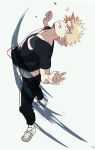  1boy bakugou_katsuki black_pants black_shirt blonde_hair bloodshot_eyes boku_no_hero_academia cai_(caiirocai) clenched_teeth commentary_request full_body hands_up looking_at_viewer male_focus pants red_eyes shirt shoes short_hair short_sleeves simple_background solo spiky_hair standing teeth white_background white_footwear 