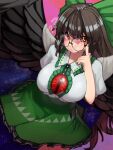  1girl :/ ? ?? absurdres bespectacled black_wings blush bow breasts brown_hair cape chest_jewel feathered_wings from_above glasses green_nails green_skirt hair_bow highres large_breasts long_hair looking_at_viewer nail_polish red_eyes reiuji_utsuho shirt short_sleeves skirt solo space third_eye touhou very_long_hair white_cape wings zakozako_y 