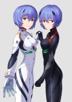  2girls absurdres ayanami_rei bangs black_bodysuit blue_hair bodysuit brown_eyes closed_mouth grey_background hair_between_eyes headgear highres holding_hands looking_at_viewer multiple_girls neon_genesis_evangelion plugsuit rebuild_of_evangelion short_hair simple_background standing toketa_(toketa15) white_bodysuit 