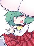  1girl ascot bangs blush blush_stickers breasts chibi collared_shirt eyebrows_visible_through_hair fried_rice0614 green_hair grey_background hair_between_eyes hands_up highres holding holding_umbrella kazami_yuuka long_sleeves looking_at_viewer medium_breasts one-hour_drawing_challenge one_eye_closed open_clothes open_mouth open_vest plaid plaid_skirt plaid_vest puffy_long_sleeves puffy_sleeves red_eyes red_skirt red_vest shirt short_hair skirt smile solo standing tongue touhou umbrella v-shaped_eyebrows vest white_background white_shirt yellow_ascot 