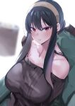  1girl bare_shoulders black_hair black_shirt breasts collarbone earrings gold_earrings hairband highres jewelry large_breasts lips looking_at_viewer noto_kurumi off-shoulder_shirt off_shoulder parted_lips red_eyes shirt sitting solo spy_x_family upper_body yor_briar 