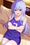  1girl arm_grab bangs bare_shoulders blue_eyes blue_hair blue_shirt blue_shorts blurry blurry_background blush bow breasts collarbone couch crossed_arms frown hair_between_eyes hair_bow huyumitsu indoors large_breasts long_hair looking_at_viewer on_couch open_mouth original pillow purple_bow shirt short_shorts shorts sidelocks sitting sleeveless sleeveless_shirt solo sportswear thigh-highs very_long_hair volleyball_uniform white_legwear 