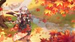  1boy absurdres antenna_hair armor autumn_leaves bandaged_hand bandages bangs crossed_bangs falling_leaves genshin_impact gradient_hair hakama hakama_shorts highres japanese_armor japanese_clothes kaedehara_kazuha leaf leaf_print long_hair looking_at_viewer low_ponytail maple_leaf maple_leaf_print multicolored_hair official_art red_eyes red_legwear redhead short_sleeves shorts streaked_hair white_hair 