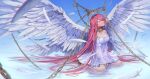  1girl angel_wings bare_shoulders chain chained closed_eyes collar cuffs detached_sleeves dress feathered_wings gweni hair_over_one_eye highres long_hair metal_collar original pink_hair shackles sitting solo strapless strapless_dress very_long_hair wariza white_dress wings 
