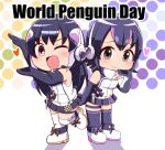  african_penguin_(kemono_friends) animal_costume black_hair gloves headphones highres humboldt_penguin_(kemono_friends) kemono_friends kemono_friends_v_project long_hair looking_at_viewer microphone multicolored_hair multiple_girls open_mouth penguin_costume penguin_tail rakugaki_arai shirt short_hair simple_background smile straight_hair tail virtual_youtuber white_background 