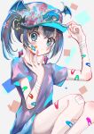  1girl absurdres arms_up bandaged_arm bandages bandaid bandaid_on_face bandaid_on_hand bandaid_on_leg bangs baseball_cap bat_wings black_hair blue_eyes blue_hair blush closed_mouth ear_piercing earrings flower hair_flower hair_ornament hair_tie hairclip hand_on_own_face hat highres holding holding_clothes holding_hat jewelry kayon_(touzoku) knees_up looking_at_viewer medium_hair multicolored_hair original piercing shirt short_ponytail side_ponytail skull_hair_ornament solo squatting stud_earrings t-shirt two-tone_hair winged_hat wings 