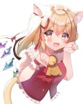  1girl :d absurdres animal_ear_fluff animal_ears bell blonde_hair blush cat_ears cat_tail collared_shirt cropped_torso crystal eyebrows_visible_through_hair fang flandre_scarlet frilled_shirt_collar frills hair_ribbon hands_up hayura_soyo highres kemonomimi_mode looking_at_viewer medium_hair neck_bell no_hat no_headwear open_mouth orange_eyes paw_pose puffy_short_sleeves puffy_sleeves red_ribbon red_vest ribbon shirt short_sleeves side_ponytail simple_background skin_fang smile solo tail touhou upper_body vest white_background white_shirt wings wrist_cuffs 