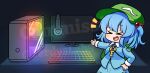  &gt;_&lt; 1girl :d bangs black_background blue_hair blue_jacket closed_eyes commission computer ferdy&#039;s_lab flat_cap green_headwear hair_bobbles hair_ornament hand_on_hip hat headphones jacket kawashiro_nitori keyboard_(computer) long_sleeves open_mouth rainbow smile solo standing thumbs_up touhou twitter_username two_side_up 