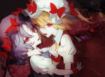  2girls ascot bat_wings black_headwear black_vest blonde_hair bow collared_shirt commentary crystal eyebrows_visible_through_hair fangs flandre_scarlet hair_between_eyes hand_on_own_chest hat hat_bow heads_together highres hug kaburaya_(kabura_8) looking_at_viewer looking_to_the_side mob_cap multiple_girls one_side_up open_mouth puffy_short_sleeves puffy_sleeves purple_hair red_bow red_eyes red_vest remilia_scarlet shirt short_hair short_sleeves siblings sisters touhou vest white_headwear white_shirt wings wrist_cuffs yellow_ascot 