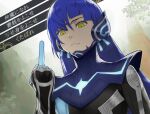  1boy androgynous asymmetrical_hair bangs blue_hair blurry blurry_background bodysuit commentary_request donbee937 eyelashes hair_between_eyes long_hair looking_at_viewer looking_down male_focus middle_finger parted_lips shin_megami_tensei shin_megami_tensei_v shiny shiny_hair solo translation_request upper_body yellow_eyes 