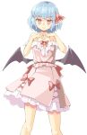  1girl adapted_costume arnest bat_wings black_wings blue_hair blush closed_mouth dress eyebrows_visible_through_hair feet_out_of_frame hair_between_eyes heart heart_hands highres pink_dress red_eyes remilia_scarlet short_hair simple_background smile solo touhou white_background wings 