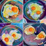  alaiganuza cooking egg egg_yolk english_commentary food food_focus fried_egg frying_pan highres no_humans oil_painting_(medium) original painting_(medium) reflection signature spatula traditional_media 