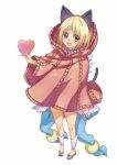  1girl animal_ears bangle bangs blonde_hair blue_eyes blush bracelet brown_footwear cat_ears cat_tail commentary_request eyebrows_visible_through_hair feathered_wings full_body heart holding holding_heart hood hooded_sweater jewelry kawagoe_pochi long_hair looking_at_viewer open_mouth pink_sweater ragnarok_online sandals simple_background smile solo standing sweater tail thigh_strap wanderer_(ragnarok_online) white_background white_wings wings 