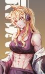  1girl abs animal_ears arknights bare_shoulders blonde_hair breasts crop_top gradient gradient_background head_tilt headphones highres long_hair looking_at_viewer medium_breasts midriff navel nearl_(arknights) nearl_the_radiant_knight_(arknights) off_shoulder open_clothes scar solo sports_bra stomach upper_body vleaf yellow_background yellow_eyes 