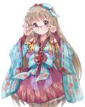  1girl adjusting_eyewear bespectacled blush bow brown_eyes brown_hair detached_sleeves glasses hair_bow highres idolmaster idolmaster_cinderella_girls japanese_clothes kimono long_sleeves lpfv_yuzu_mikan simple_background smile solo thigh-highs white_background yorita_yoshino 