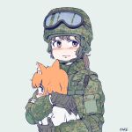  2girls animal_ears artist_name bad_id bad_pixiv_id blue_eyes blush brown_eyes brown_hair camouflage cat_ears gloves helmet hug kare looking_at_viewer military military_uniform multiple_girls orange_hair original simple_background uniform upper_body 