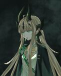  1girl :d arknights bangs black_bow black_jacket blonde_hair bow chinese_commentary commentary_request dragon_horns earrings green_eyes hair_bow highres horns jacket jewelry jiaruaner long_hair looking_at_viewer low_ponytail official_alternate_costume open_mouth reed_(arknights) reed_(emerald_holiday)_(arknights) shirt smile solo upper_body very_long_hair white_shirt 