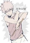  1boy bakugou_katsuki bare_arms boku_no_hero_academia brown_tank_top cai_(caiirocai) closed_mouth commentary_request drumsticks frown hand_on_own_shoulder holding holding_drumsticks looking_to_the_side male_focus pale_color pants red_eyes short_hair solo spiky_hair tank_top white_background 