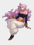  1girl android_21 bare_shoulders blue_eyes choker colored_skin dragon_ball dragon_ball_fighterz earrings full_body grey_background hoop_earrings jewelry kemachiku long_hair looking_at_viewer majin_android_21 midriff navel pink_hair pink_skin simple_background sitting solo yellow_choker 