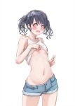  1girl @_@ blush breasts canizza clothes_lift cowboy_shot dark_blue_hair denim denim_shorts fangs fukumaru_koito groin highres idolmaster idolmaster_shiny_colors lifted_by_self navel shirt_lift short_shorts shorts simple_background skin_fangs small_breasts solo tank_top tearing_up tears twintails under_boob v wavy_hair wavy_mouth white_background white_tank_top 