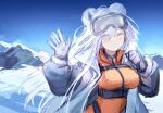  1girl ;d animal_ears arknights aurora_(arknights) aurora_(polar_catcher)_(arknights) bear_ears blue_sky bodysuit breasts coat day eyes_visible_through_hair gloves goggles goggles_on_head grey_coat grey_gloves hair_over_one_eye highres large_breasts long_sleeves looking_at_viewer mountainous_horizon one_eye_closed open_clothes open_coat orange_bodysuit outdoors parted_lips sky smile snow underbust upper_body waving woodsbench 
